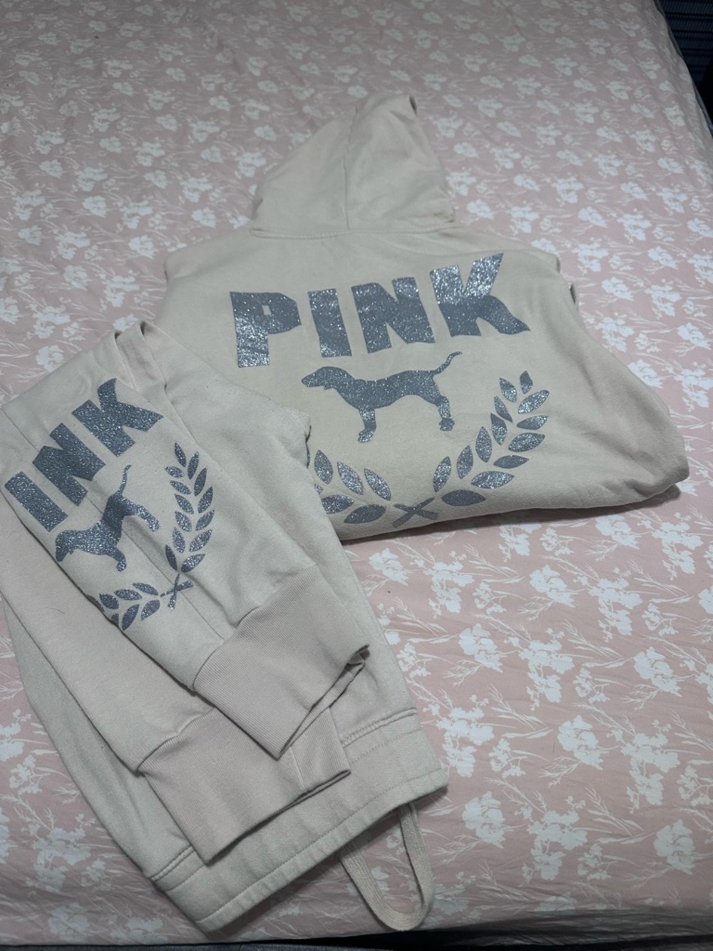PINK Victoria's Secret Cream Hoodie with Glitter Logo